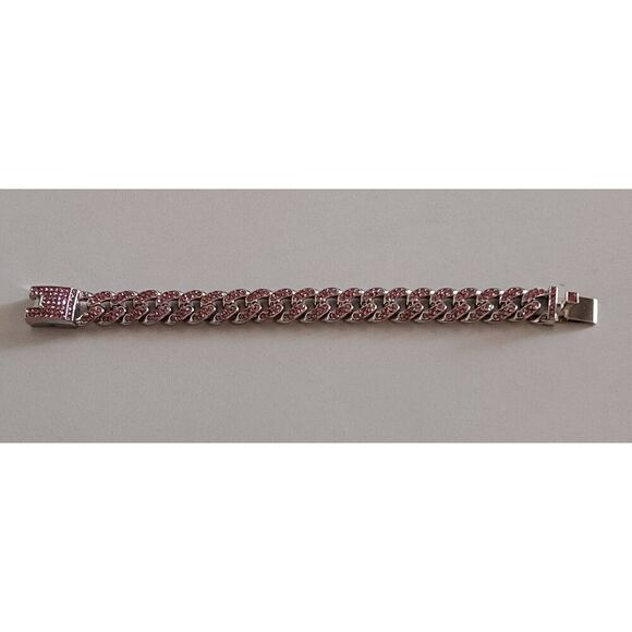New~Trendy Goth Silver Bling Pink Pave Rhinestone Cuban Link Bracelet - Picture 4 of 4